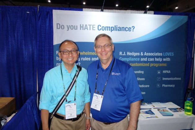 National Community Pharmacists Association 2019 Conference and Trade Show Exhibits Phil Ho, left, from the AIDS Healthcare Foundation with R.J. Hedges & Associates’ Jeff Hedges
