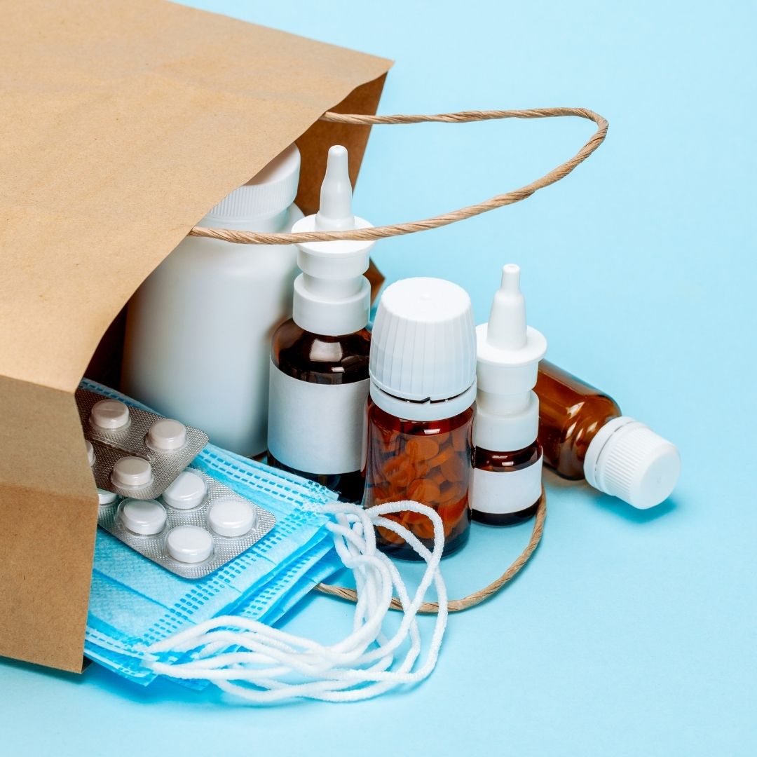 Bag of prescription medicine and masks