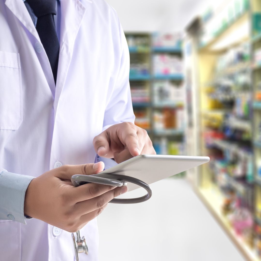 pharmacist using tablet