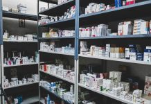 pharmacy shelves filled with medicine