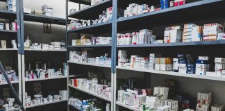 pharmacy shelves filled with medicine